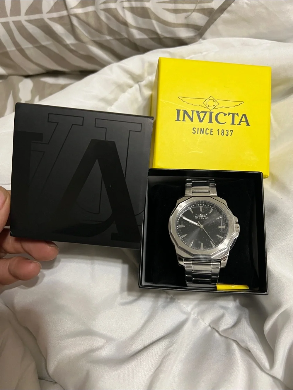 Invicta Men’s Silver Stainless Steel Watch with Black Dial and Octagonal Bezel